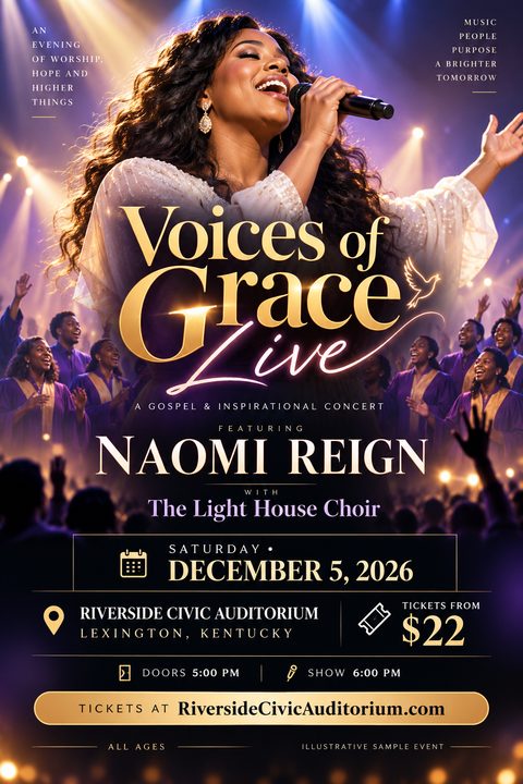 A dramatic concert flyer featuring a female singer holding a microphone, illuminated by warm stage lights, with a choir in purple robes singing below her. Elegant gold typography highlights the event details.