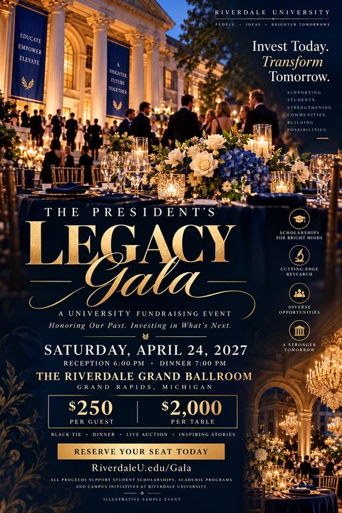 An elegant fundraising gala flyer featuring a formal outdoor dinner setting with blue tablecloths, gold accents, and floral centerpieces. The background shows a grand building at twilight with guests in formal attire.