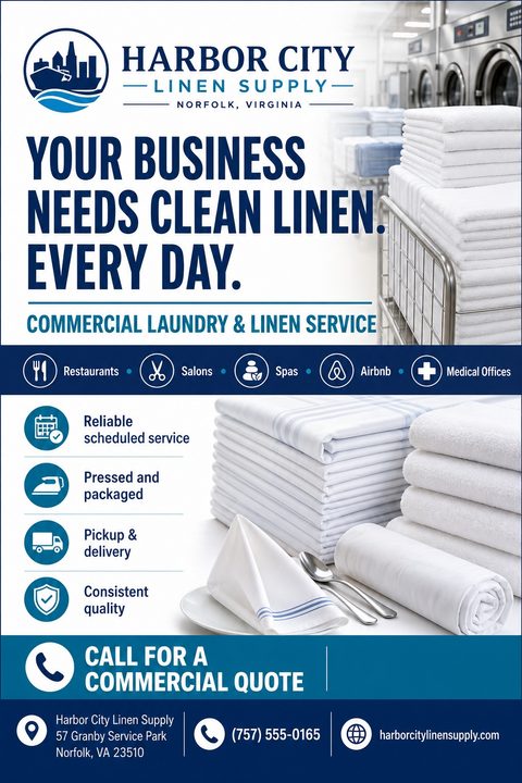 A commercial laundry and linen service flyer featuring a blue and white color scheme. It includes photos of stacked white towels and linens, service icons, and a call to action for a commercial quote.