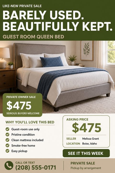 A private sale flyer for a guest room queen bed. It features an olive green header, a large photo of a neatly made bed, bulleted selling points, and clear pricing and contact information.
