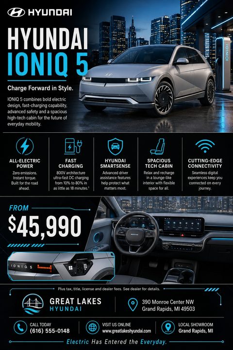 A sleek, modern flyer promoting a Hyundai IONIQ 5 electric vehicle. It features a large image of the car charging at night, a list of key features with icons, interior and exterior detail shots, pricing, and dealership contact information.