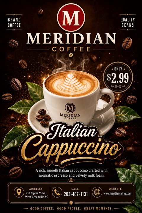 A dark, elegant flyer featuring a steaming cup of cappuccino with latte art, surrounded by floating coffee beans and green leaves. Gold typography highlights the drink name and a special price.