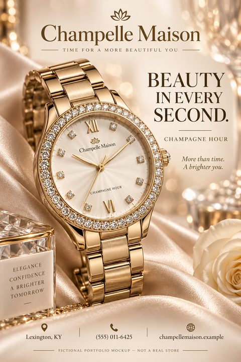 A luxurious gold watch with a diamond-encrusted bezel rests on shimmering champagne-colored silk fabric, surrounded by soft bokeh lighting and a white rose.