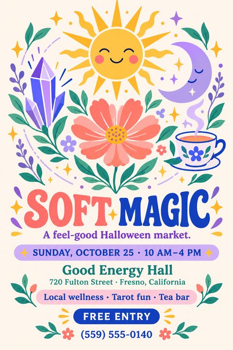 A whimsical, pastel-colored flyer featuring illustrations of a smiling sun, crescent moon, purple crystals, a pink flower, and a teacup, with bold retro text advertising a feel-good Halloween market.