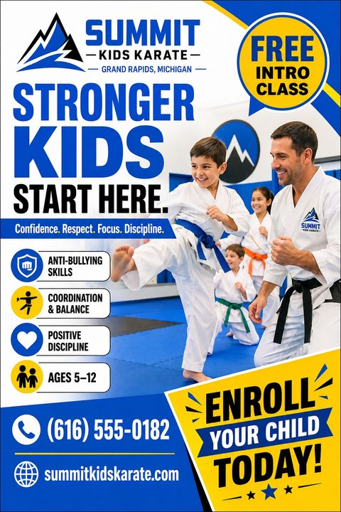 A bold blue, yellow, and white flyer for kids karate featuring a photo of a young boy kicking while an instructor smiles. It includes icons for benefits and a free intro class badge.