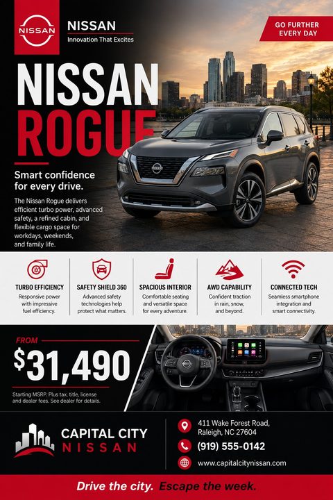 A car sales flyer featuring a dark grey SUV parked in front of a city skyline at sunset. The flyer has a bold black, white, and red color scheme with sections for vehicle features, pricing, and dealership contact information.
