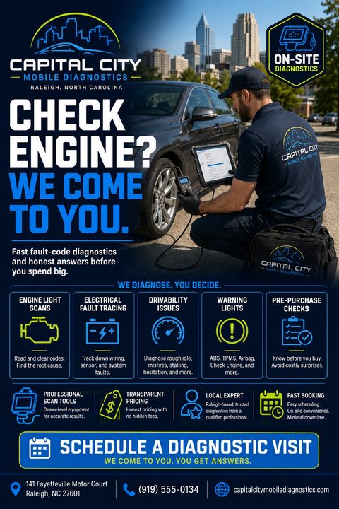 Flyer for Capital City Mobile Diagnostics. A mechanic kneels by a car using a diagnostic tablet. Text reads 'Check Engine? We come to you.' Icons list services like engine light scans and pre-purchase checks.