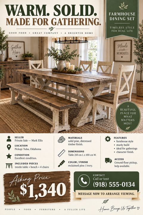 Flyer for a farmhouse dining set for sale. Features a large photo of a rustic wood table with white distressed chairs and bench. Includes sections for seller info, location, condition, materials, dimensions, features, asking price of $1,340, and.