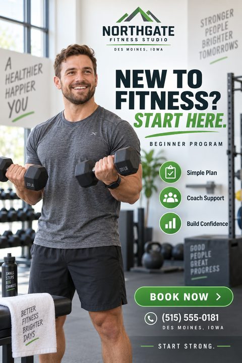 Fitness studio flyer template with a photo of a smiling man lifting dumbbells. Text reads 'New to Fitness? Start Here. Beginner Program' with bullet points for Simple Plan, Coach Support, and Build Confidence.