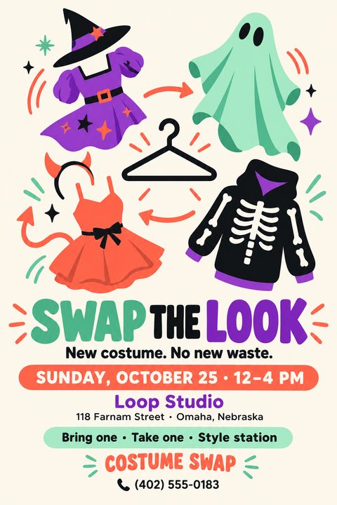 A Halloween costume swap flyer featuring colorful illustrations of a witch dress, ghost sheet, devil outfit, and skeleton hoodie circling a clothes hanger, with bold text for event details.