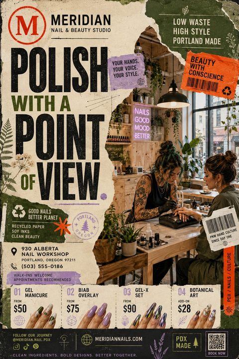 A nail salon flyer with a torn paper collage aesthetic. It features a photo of a nail technician working on a client, bold typography reading 'Polish with a point of view', and a price list for manicures and nail art.