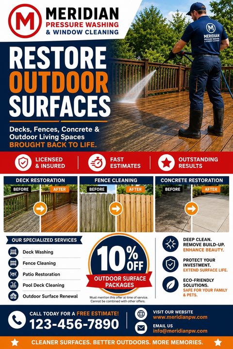 Pressure washing flyer template featuring a man power washing a wooden deck, three before-and-after photo comparisons of a deck, fence, and concrete, a list of services, and a 10% off coupon.