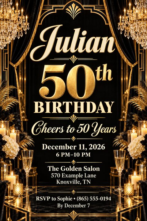 Elegant black and gold 50th birthday flyer featuring Art Deco borders, crystal chandeliers, and a festive table setting with champagne flutes, lit candles, and white flowers.