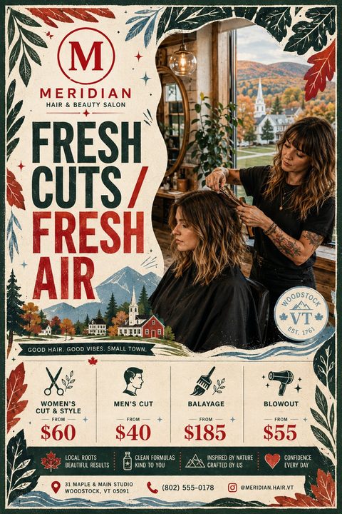 A rustic hair salon flyer featuring a photo of a stylist cutting hair, framed by vintage illustrations of leaves, mountains, and a small town. Includes a price list for various hair services.