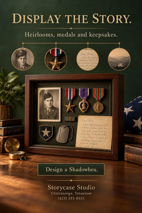 A vintage-style flyer for custom shadowbox framing. It features a wooden shadowbox displaying military medals, dog tags, and a soldier's photo against a dark green background with elegant gold typography.