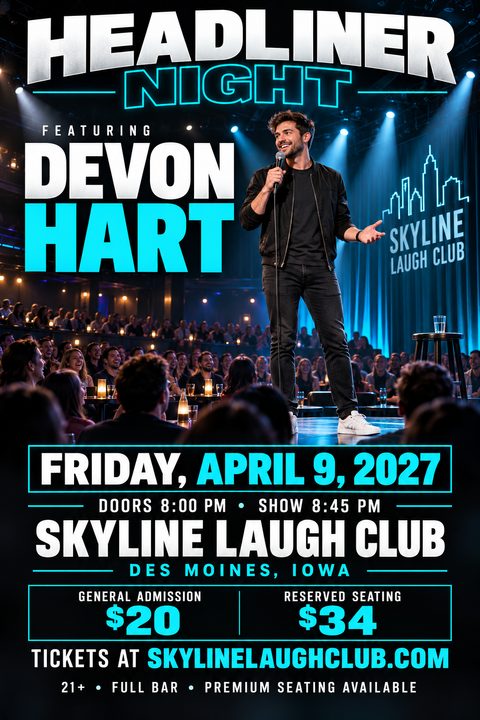 A flyer for a comedy show titled 'Headliner Night' featuring a photo of a comedian on stage in front of an audience. The flyer has bold white and neon blue text on a dark background, with details for the date, time, location, and ticket prices.