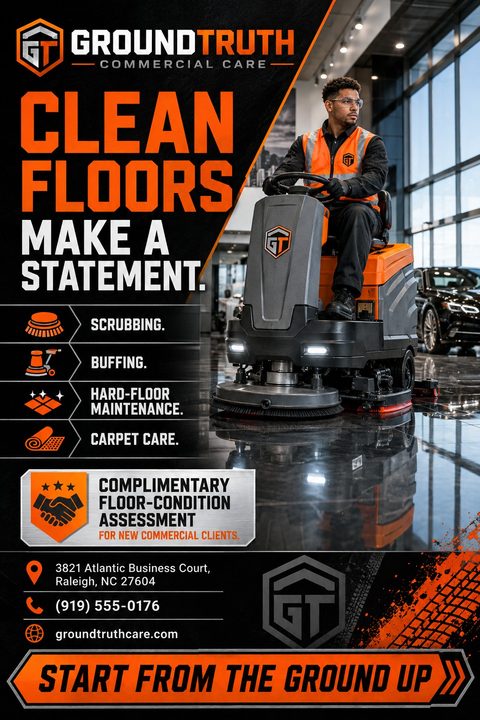 Flyer for commercial floor cleaning services featuring a man operating a ride-on floor scrubber in a large, modern building. The design uses bold orange and black colors with a list of services like scrubbing, buffing, and carpet care.