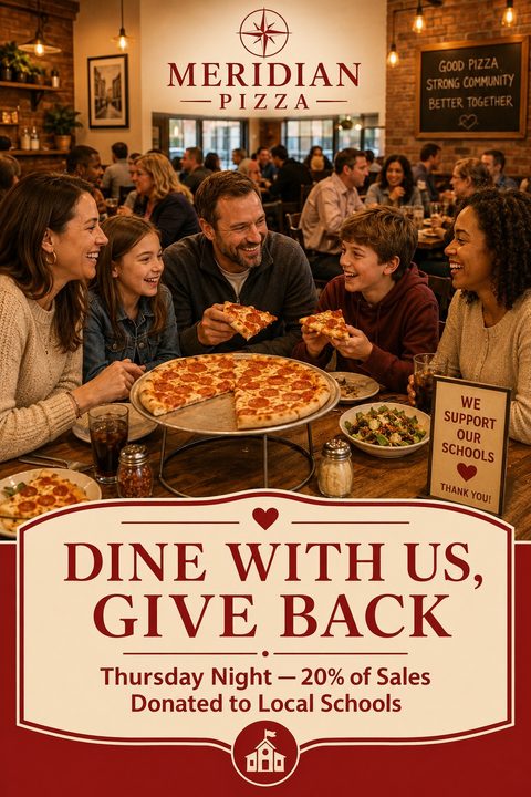 A family happily eating pepperoni pizza in a warm, brick-walled restaurant. Below, a cream and deep red text box promotes a dine-to-donate school fundraiser event.