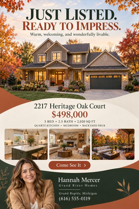 A real estate just-listed flyer featuring a large house photo at the top, three smaller property photos below, and an agent portrait. The design uses organic, wavy shapes in terracotta, dark green, and cream.
