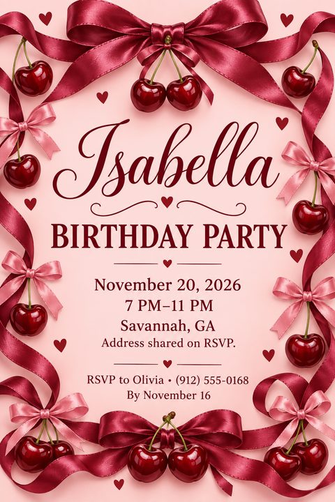 A pink birthday party invitation flyer framed by elegant burgundy ribbons, pink bows, and glossy red cherries. The text features a large, elegant script for the name and classic serif fonts for details.