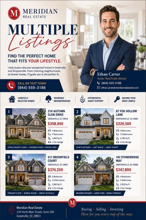 A real estate flyer featuring an agent's photo at the top right, a Multiple Listings headline, and a grid of four houses for sale with their addresses, prices, and key features below.