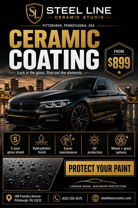 A premium black and gold flyer for ceramic coating services. It features a glossy black car against a city skyline, gold feature icons, a water beading close-up, and bold pricing text.