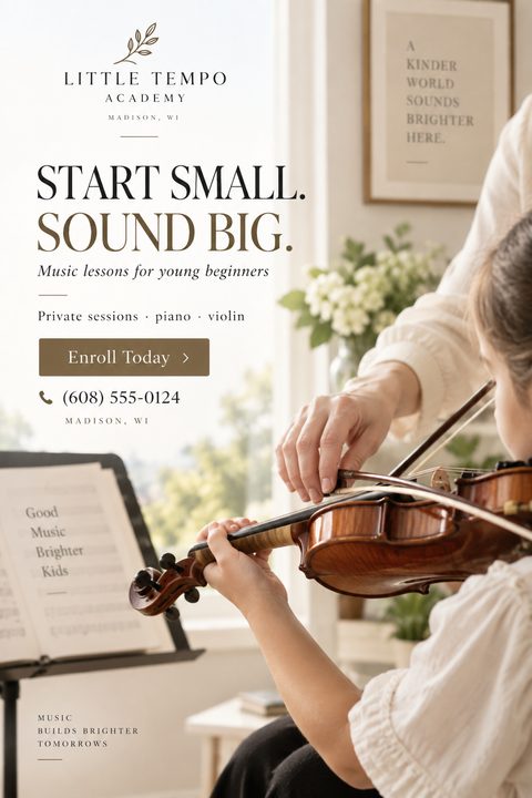 A young girl playing the violin with an instructor guiding her hands. Text reads 'Start Small. Sound Big. Music lessons for young beginners.'