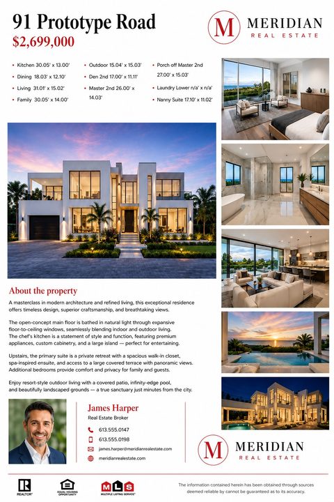 A real estate flyer template featuring a large photo of a modern, multi-story house at twilight. The flyer includes the property address, price, room dimensions, a property description, and five smaller photos showcasing the interior and exterior.
