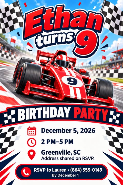 A birthday party flyer featuring a bright red race car speeding on a track, checkered flags, and bold text reading 'Ethan turns 9 Birthday Party' with event details below.