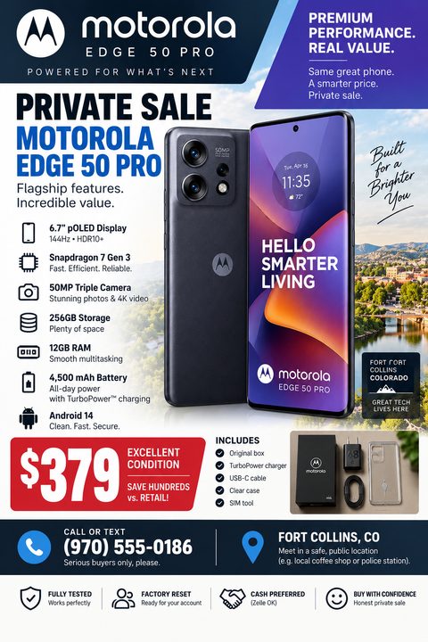 A private sale flyer for a smartphone featuring large product images, a detailed specification list with icons, a bright red price tag, and clear contact information sections at the bottom.