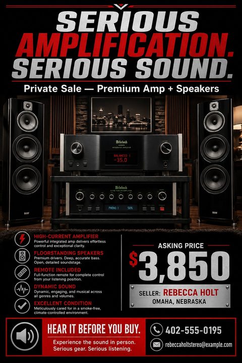Flyer for a private sale of a premium amp and speakers. Bold text reads 'Serious Amplification. Serious Sound.' above a photo of a high-end stereo system. Below are bullet points detailing features, an asking price of $3,850, and seller contact info.