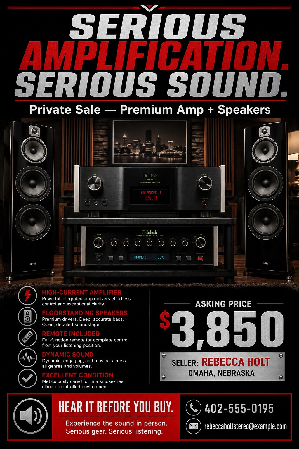 Flyer for a private sale of a premium amp and speakers. Bold text reads 'Serious Amplification. Serious Sound.' above a photo of a high-end stereo system. Below are bullet points detailing features, an asking price of $3,850, and seller contact info.