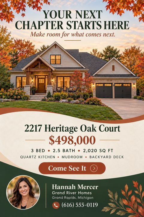 Real estate flyer featuring a large photo of a house surrounded by autumn trees. Fall leaves frame the top and bottom corners. Wavy cream, rust, and dark green blocks hold property details and agent info.