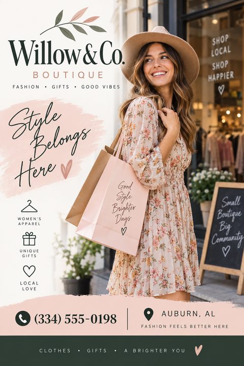 Flyer for Willow & Co. Boutique featuring a smiling woman in a floral dress holding shopping bags outside a store. Text reads 'Style Belongs Here' with icons for women's apparel, unique gifts, and local love.
