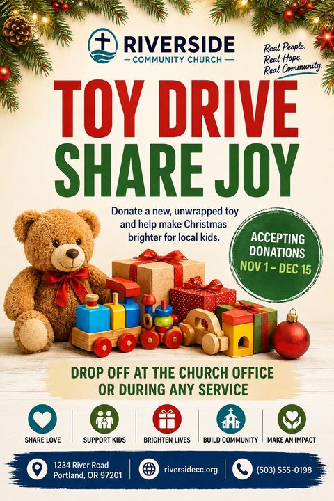 Festive toy drive flyer featuring pine branch borders, large red and green text, and a central image of a teddy bear, wooden toys, and wrapped gifts over a cream background.