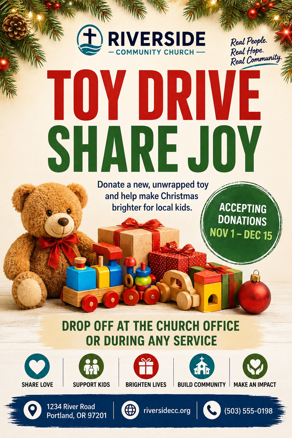 Festive toy drive flyer featuring pine branch borders, large red and green text, and a central image of a teddy bear, wooden toys, and wrapped gifts over a cream background.