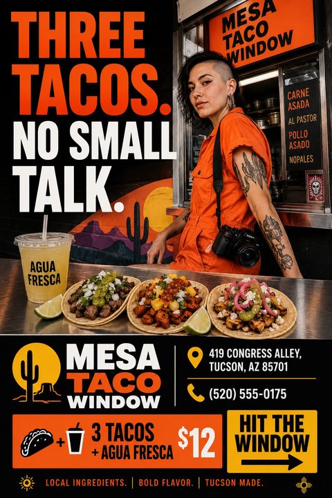 A flyer for a taco window featuring a person in an orange jumpsuit standing next to a counter with three tacos and a drink. The text reads 'Three Tacos. No Small Talk.' and includes a meal deal for $12.