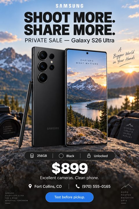 A private sale flyer for a smartphone, featuring front and back views of a black phone resting on a rock against a stunning mountain lake sunset, with bold text and price details.