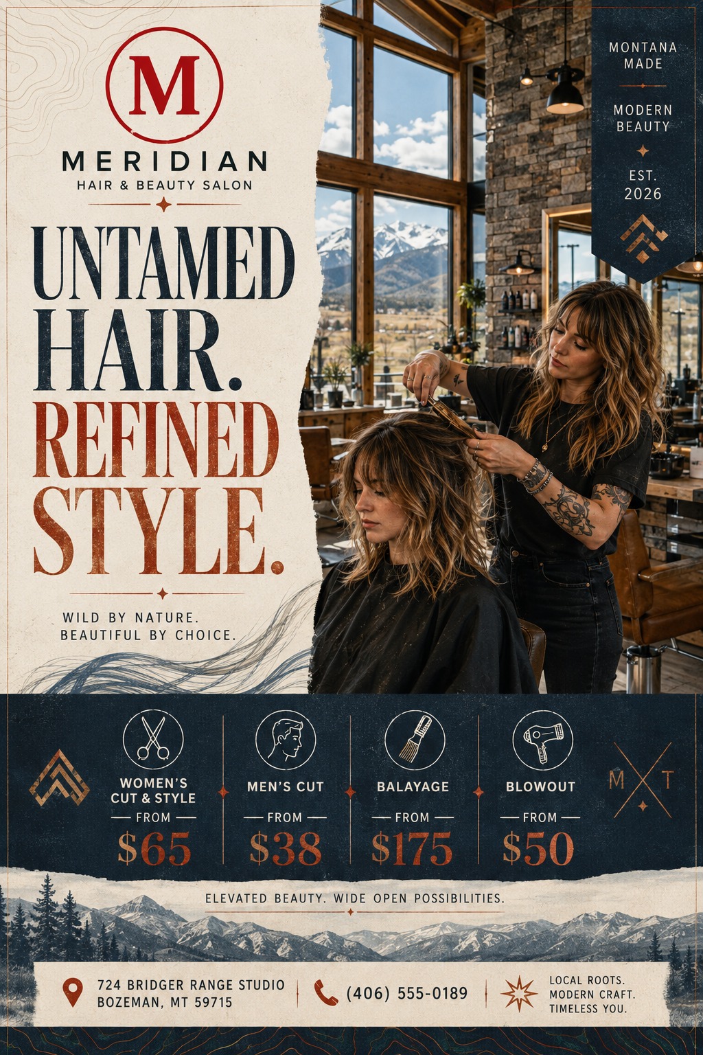 A rustic hair salon flyer featuring a torn paper edge over a photo of a stylist cutting hair in a mountain-view studio. Below is a navy blue price list for cuts and styling.