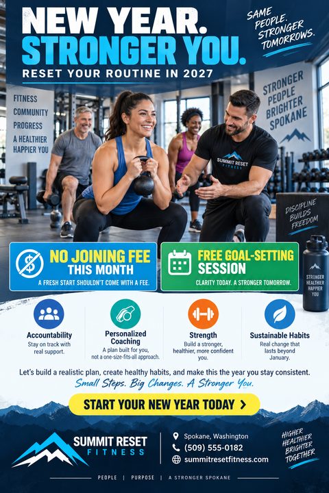 A flyer for a gym with the headline 'New Year. Stronger You.' showing a woman doing a kettlebell squat with a trainer. It includes offers for 'No Joining Fee This Month' and a 'Free Goal-Setting Session'.