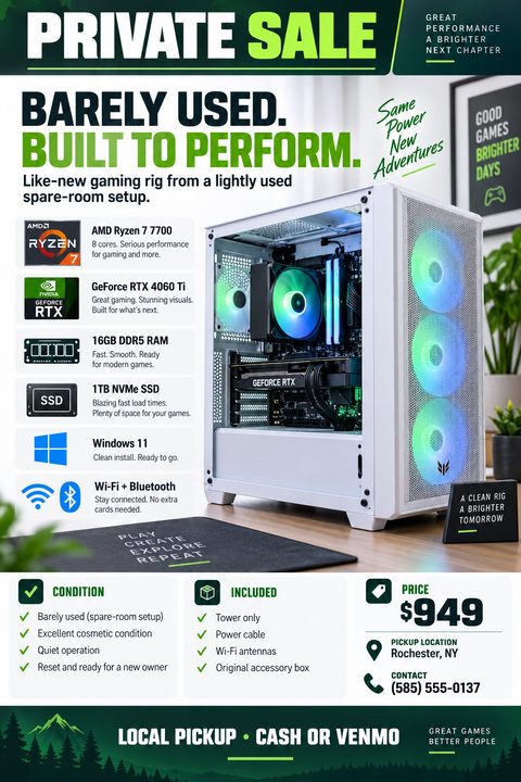 Private sale flyer for a gaming PC. Features a large photo of a white PC tower with RGB lighting. Text reads 'Private Sale', 'Barely Used. Built to Perform.' Includes a list of specs like AMD Ryzen, GeForce RTX, RAM, SSD, and Windows 11. Bottom.