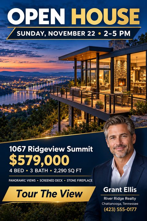 Real estate open house flyer with a large photo of a modern home at twilight overlooking a city and river. Includes property details, price, and an agent headshot.