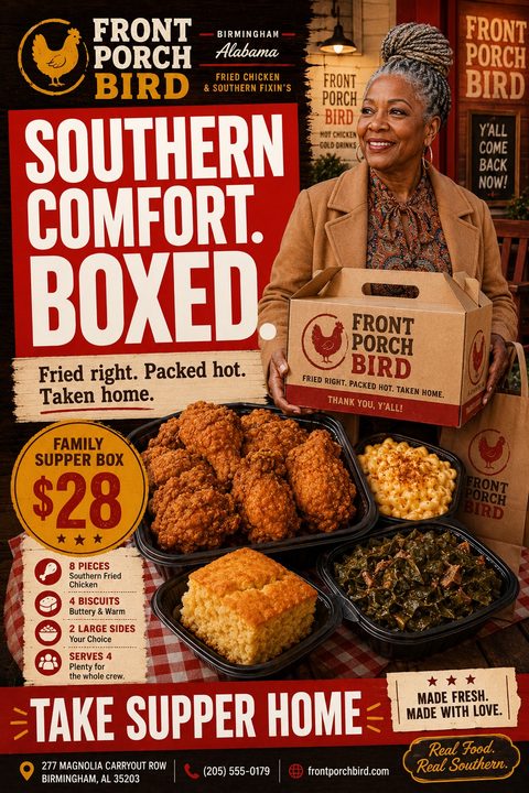 A rustic flyer for a Southern fried chicken takeaway, featuring a woman holding a branded box and a large spread of fried chicken, mac and cheese, collard greens, and cornbread on a red and white checkered tablecloth.