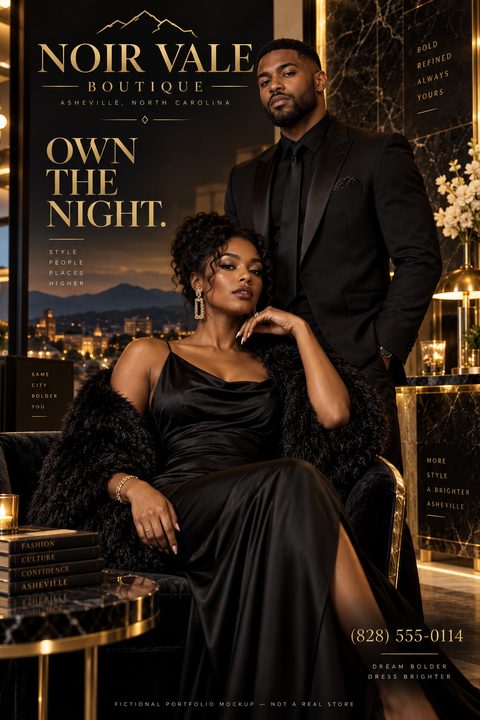 A sophisticated flyer for a boutique featuring a stylish couple in black evening wear against a luxurious backdrop with gold accents and typography.