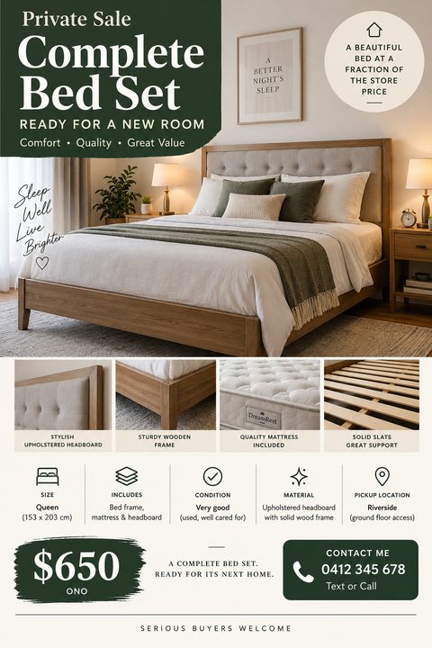 A private sale flyer for a complete bed set featuring a large bedroom photo, four detail shots of the frame and mattress, specification icons, and dark green brushstroke accents.
