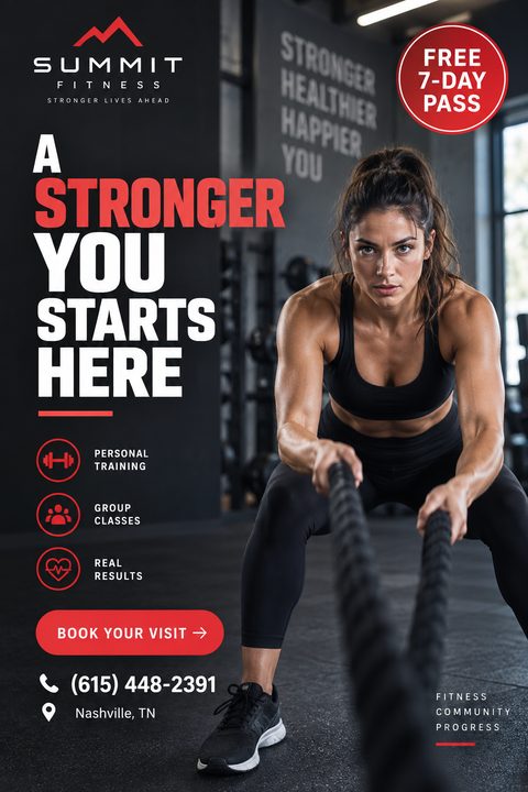 A bold fitness flyer featuring a woman intensely working out with battle ropes in a gym. The design uses a dark background with striking red and white text, highlighting a free 7-day pass.