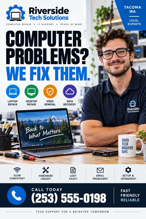 Computer repair flyer template with a photo of a smiling technician sitting at a desk with a laptop. Text reads 'Computer Problems? We Fix Them.' with icons for laptop repair, desktop repair, virus removal, and data recovery.