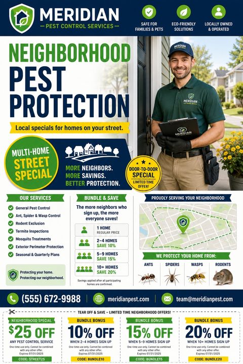 Pest control flyer template with a photo of a technician, a list of services, a neighborhood map, and tear-off discount coupons at the bottom.