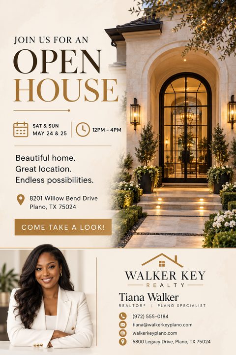 A real estate open house flyer featuring a luxury home with an arched glass doorway, warm beige background, gold typography, and a realtor portrait at the bottom.