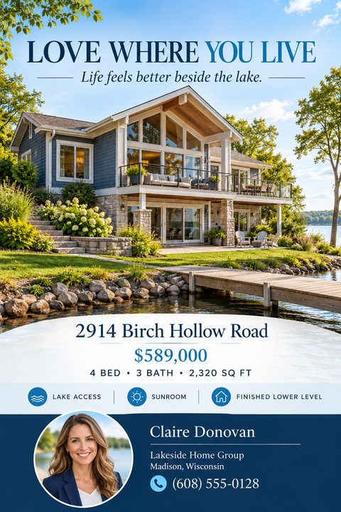 Real estate flyer featuring a large photo of a lakefront house with a dock. Below are property details, price, features with icons, and a real estate agent's headshot and contact information on a navy background.